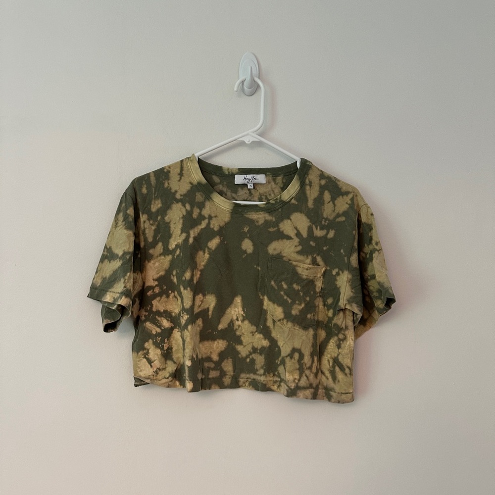 Hey you green tie die pocket cropped shirt
